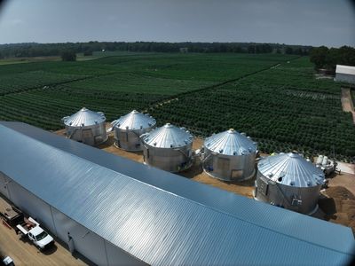 Aerial view of drying silos and production facility